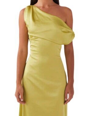 Peppermayo One-Shoulder Satin Maxi Dress in Lime